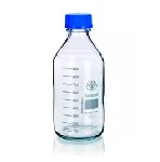 Clear lab bottle. Cap. (ml): 10.000. Thread ISO: GL45 with PP screw-cap and pp pouring ring blue