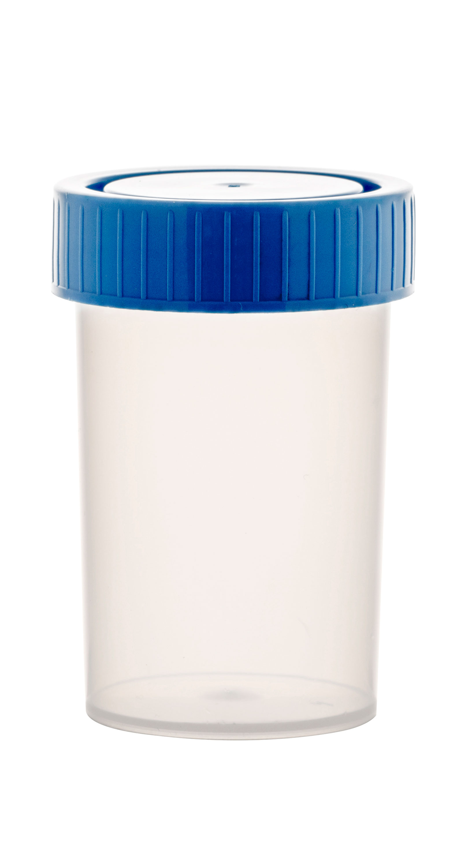 Specimen container with screw cap. 60 ml. Made of PP. Cap color: blue. Dim: 38 x 65 mm.