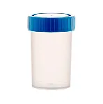 Specimen container with screw cap. 60 ml. Made of PP. Cap color: blue. Dim: 38 x 65 mm.