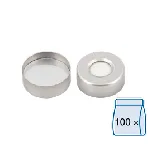 Cápsula aluminio N 20, plateado, orificio central. MACHEREY NAGEL. Septum: Silicona blanca/FEP/lámina plata. Dureza: 45° shore A. Grosor (mm): 3,2. 