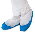 Disposable Overshoes. Description: White overshoes with blue reinforced soles. Polyethylene sole remaining non-woven fabric. Measures 16.5x39cm. Size: One