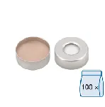 Cápsula aluminio N 20, plateado, orificio central. MACHEREY NAGEL. Septum: Silicona blanco / PTFE beige. Dureza: 45° shore A. Grosor (mm): 3. 