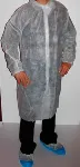 Polypropylene white coat with lapel collar. Standard colour: white, polypropylene of 30g/m2, elasticated cuffs, velcro fastening, and lapel collar, without pockets One size.