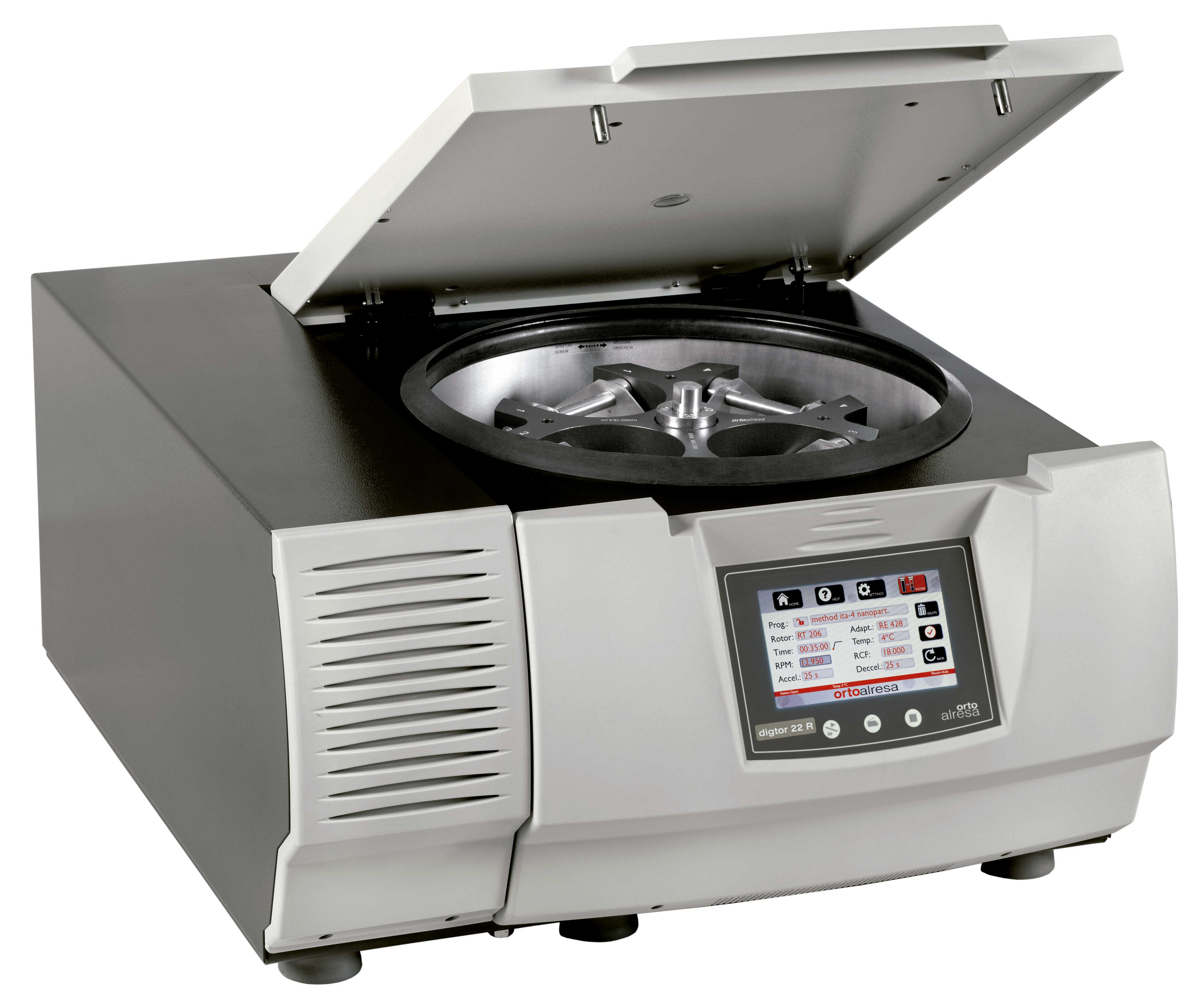 Centrifuge Digtor 22/22R. ORTOALRESA. Centrifuge (rotor not included). Model: Digtor 22 R. Refrigerated: Yes. Dim. WxHxD (mm): 805x390x720. Weight (Kg): 95. Voltage (V): 220-230. Frequency (Hz): 50-60. Consumption (W): 1050