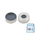 Cápsula aluminio N 20, plateado, orificio central. MACHEREY NAGEL. Septum: Septum moldeado de butilo/PTFE gris. Dureza: 50° Shore A. Grosor (mm): 3.