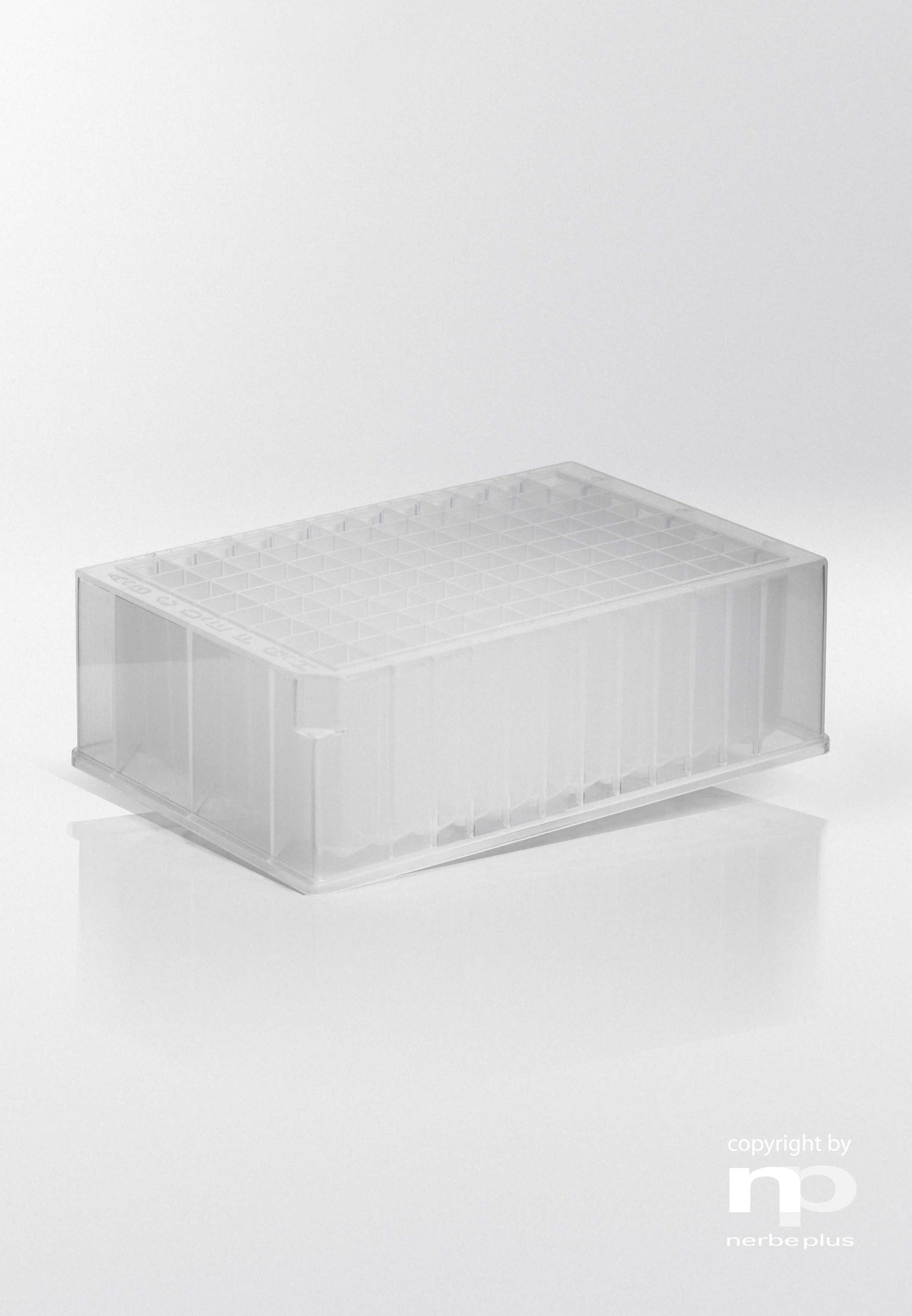 Placas Deep Well. NERBE-PLUS. Capacidad: 96x2,0 ml. Tipo pocillo: Cuadrado. Forma fondo: V. Resist. centrif. (g): 4000. Color: Transparente. Esterilidad: PCR Ready.
