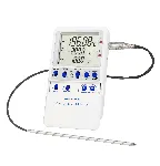 Excursion-Trac digital datalogging thermometer for liquid nitrogen storage control. TRACEABLE. Range: –200.00 to 105.00°C. Accuracy: ±0.25°C. Resolution: 0.01°C. Probes: Platinum RTD sensors, 1 stainless-steel probe