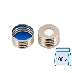 N 18 magnetic screw cap, silver, center hole. MACHEREY NAGEL. Septum: Silicone white/PTFE blue. Hardness: 45° shore A. Thickness (mm): 1.5.