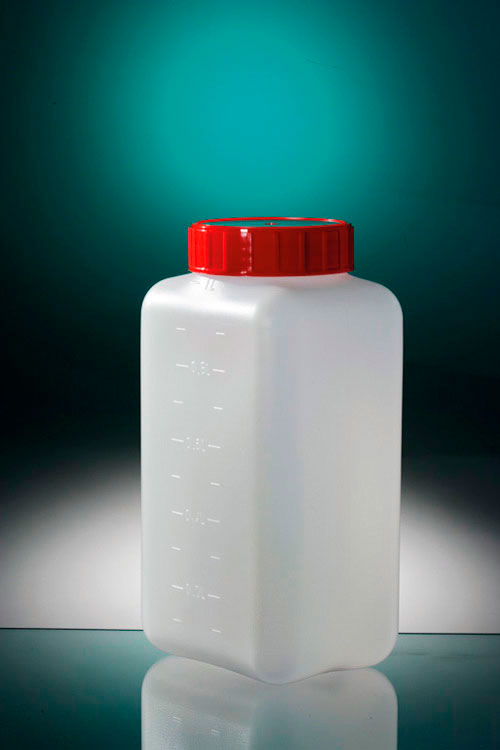 Squared flask. GOSSELIN. Non-sterile flask. Dim. WxDxH (mm): 95x76x185. Cap type: Cap with seal. Diameter (mm): 58. Cap. (ml): 1.000 Colour: white
