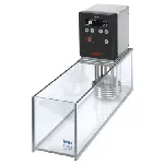 Heating baths with polycarbonate tank KISS. HUBER. Type: KISS 110A. Temp. range (ºC): (15)* 25 to 100. Heating power (kW): 2. Volume (l): 10. Opening (mm): 130x310. Depth (mm): 150. * Auxiliary cooling device required.