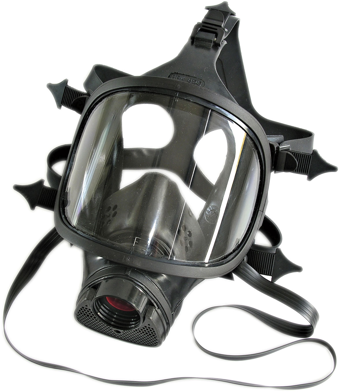 Full face mask BRK 820 with heat resistant visor. BARIKOS. Without filters. Black rubber mixture, approved according to EN 136 class 3 and CE-marked, with diaphragm, heat-resistant polycarbonate visor and standard thread connector according to EN 148-1