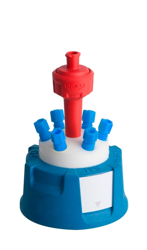 Safety Caps: extracción de disolvente segura. SCAT®. Rosca GL45 y válvula de aireación (HPLC). Safety Cap VI, Ø 3,2 para GL45. Tomas (Ø ext.): 6x3,2mm (1/8')