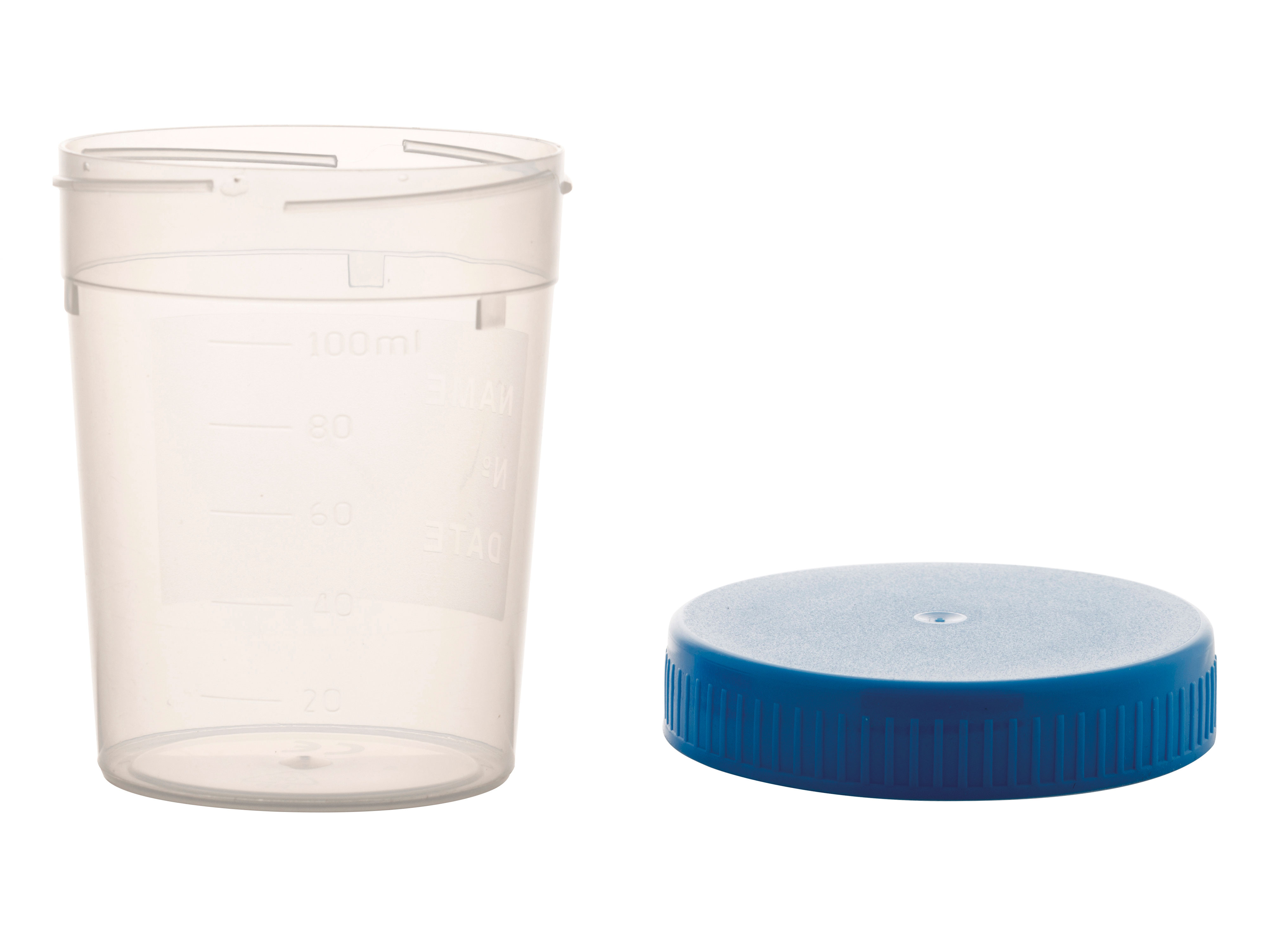 Urine container graduated. Vol: 150 ml. Cap not assembled. Cap color: Blue. Material: PP. Writting surface: Yes. Dim: 58 x 72 mm.
