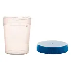 Urine container graduated. Vol: 150 ml. Cap not assembled. Cap color: Blue. Material: PP. Writting surface: Yes. Dim: 58 x 72 mm.