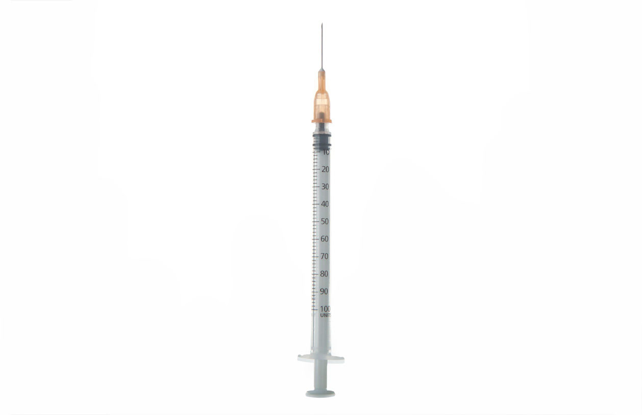 Jeringa insulina de plástico estéril de 3 piezas con aguja 100 UI, aguja: 0,5x16. Volumen (ml): 1
