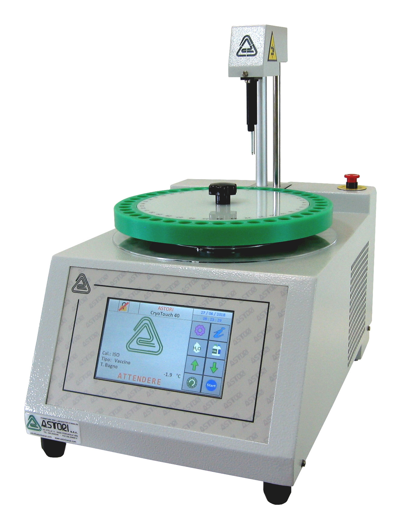 CryoTouch 40 automatic cryoscoper with ''lactose-free'' function. ASTORI TECNICA. Number of samples: 40. Sample volume (ml): 2 or 2.5. Resolution (ºC): ±0.0005. Reproducibility (ºC): ±0.0025 (bovine milk). Dim. WxHxD (mm): 330x360x610 (with head down). Weight (kg): 20.5.Supplied with a 'starter-kit' including a box of glass sample tubes, a tube-holder, 3 calibration standards and a cooling liquid bottle.