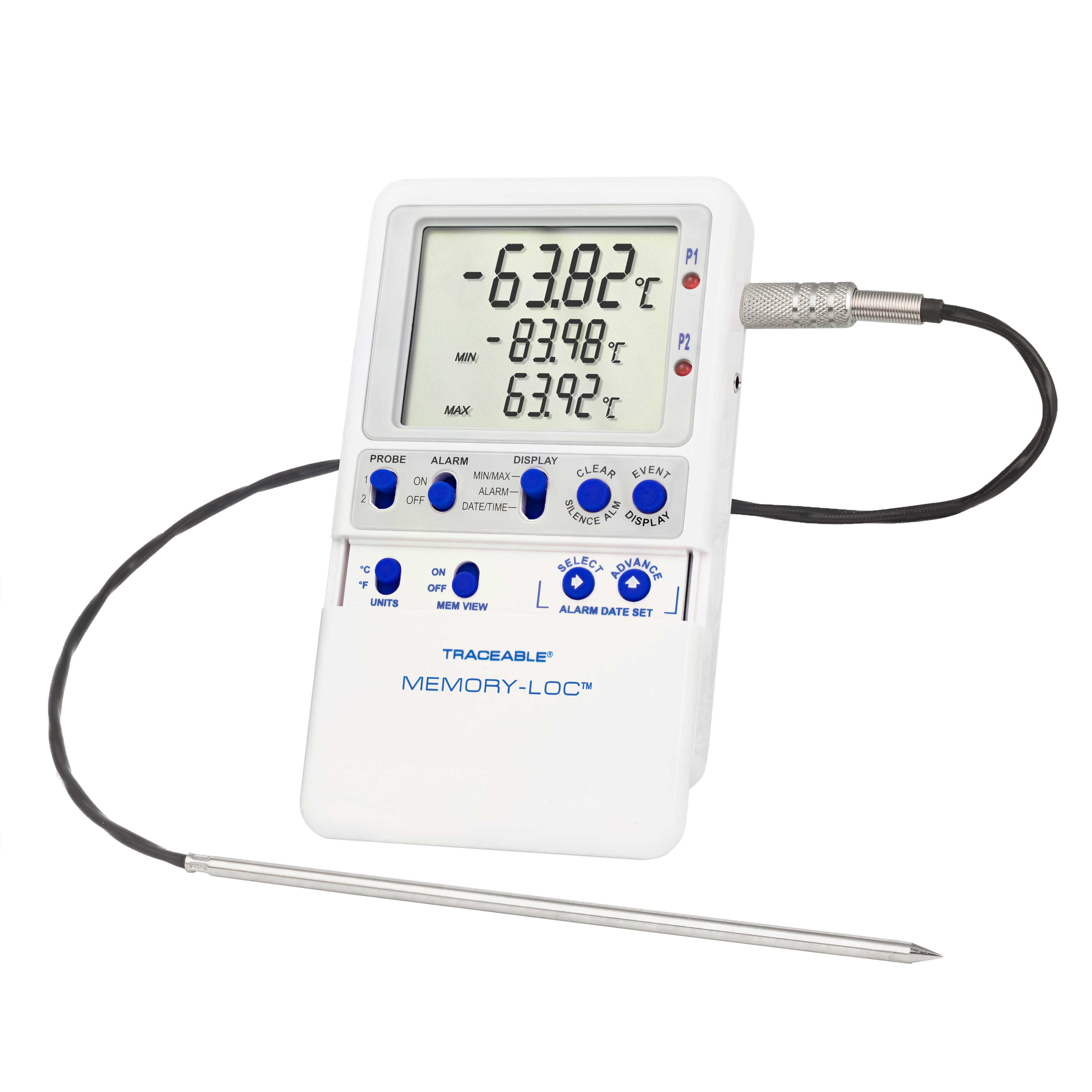 Memory-Loc datalogging digital thermometer. TRACEABLE. Range: –90.00 to 105.00°C. Accuracy: ±0.2°C. Resolution: 0.01°C. Probes: Platinum RTD sensors, 1 stainless-steel 316 Probe. Application: Ultra-freezers