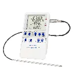Memory-Loc datalogging digital thermometer. TRACEABLE. Range: –90.00 to 105.00°C. Accuracy: ±0.2°C. Resolution: 0.01°C. Probes: Platinum RTD sensors, 1 stainless-steel 316 Probe. Application: Ultra-freezers
