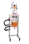 Reactor-Ready Pilot Core. Floor standing framework with swivel wheels & brakes. Vessel & lid support clamp. Stirrer motor support clamp. Vessel to framework NW20 insulated hoses with quick-release connections. NW20 drain-down manifolds. 2 x hose tidies. PTFE B34 16mm Stirrer guide and coupling. Vessel FEP 200mm O-ring seal and PTFE centering collar. Aluminium viton lined vessel support collar