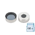 Cápsula aluminio N 20, plateado, orificio central. MACHEREY NAGEL. Septum: Butilo gris oscuro/gris PTFE alta pureza (sólo laminado centralmente con PTFE, normalmente llamado Pharma-Fix). Dureza: 50° shore A Espesor: 3. 