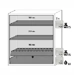 Paquete de equipamiento para armarios de seguridad para productos inflamables UNE EN 14470-1. Para modelos: S90.129.120.WDAS. ASECOS. Descripción: 2x bandeja, 1x bandeja perforada, 1x cubeto de retención (V=33.0L). Material: Plancha de acero plastificada RAL 7035
