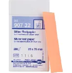 Papeles reactivos para plata para determinaciones cualitativas. MACHEREY-NAGEL. Detección de: Iones plata (Ag+). Presentación: Caja con 200 tiras, 20 x 70 mm. Límite de detección: 20 mg/L Ag+. GHS: No