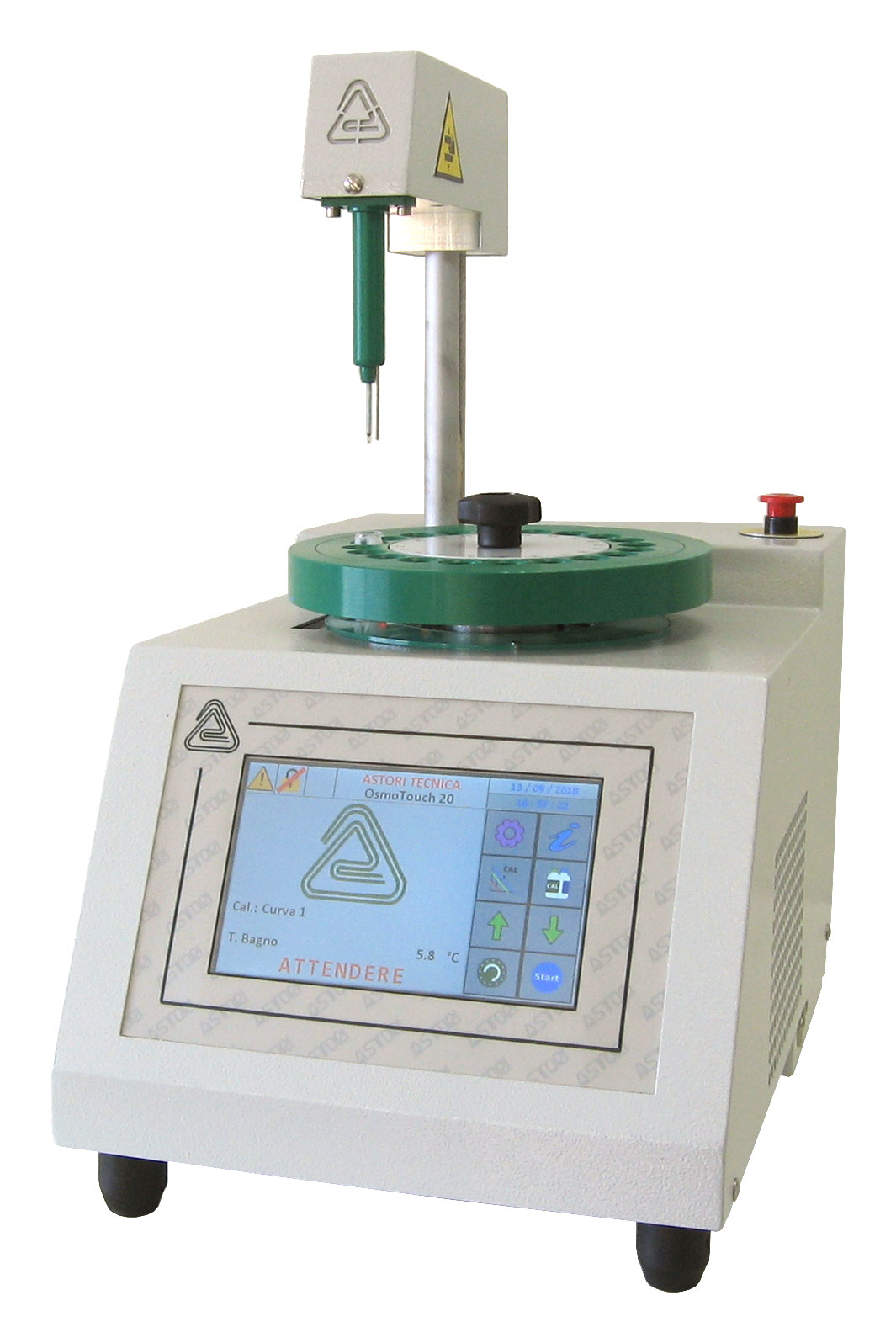 OsmoTouch 20 automatic osmometer. ASTORI TECNICA. Number of samples: 20. Sample volume (µl): 50 - 200. Measurement range (mOsm/Kg): 0 - 3000. Resolution (mOsm/Kg): 1. Repeatability/Reproducibility (mOsm/Kg): ±2.5 (from 0 to 600), ±0.5% (from 600 to 3000). Dim. WxHxD (mm): 285x360x485 (with head down). Weight (kg): 17.4.Supplied with a 'starter-kit' including a box of disposable tubes, a tube-holder, 3 calibration standards and a cooling liquid bottle.