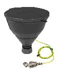 Black funnel 'ARNOLD' with lid, V2.0, PE-HD electrostatic conductive, with splash guard, removable sieve and grounding cable, funnel Ø 200 mm. Thread size: GL45. SCAT®. Safety funnels