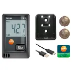 Testo 174H temperature and humidity data logger with USB 2.0 interface, PC software. TESTO. Measuring range: -20 to +70 °C and 0 to 100 %RH. Resolution: 0.1 °C and 0.1 %RH. Accuracy: ±0.5 °C and ±3 %RH (2 to 98 %RH) or ±0.03 %RH/K.  Includes wall bracket, batteries (2 x CR2032 lithium) and test report