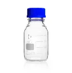 Frascos ISO graduados para laboratorio con rosca GL 45, transparente, con tapón roscado y anillo de vertido en PP azul. DURAN®. Capacidad (mL): 250. Diámetro (mm): 70. Altura (mm): 143