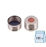 N 18 magnetic screw cap, silver, center hole. MACHEREY NAGEL. Septum: Butyl red/PTFE grey. Hardness: 50° shore A. Thickness (mm): 1.5.