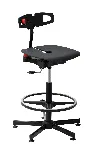 Wooden Koncept chair with backrest and black steel foot. Assembly on silentbloc. Branches: Articulated glides. Adjustable seat: Yes, in height and tilted of 2° forward. Footrest: Yes, adjustable in height. Colour: Black. Cleanroom: No. KANGO. Koncept range. Self-adaptive ergonomic laboratory chairs and stools
