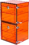 Acrylic desiccator. PLAS-LABS. Outer dim. HxWxD (mm): 304x609x304. Vol. (l): 56. Colour: Amber. Door: Side door. Cubicles: 2. Shelves: 4. Positions for shelves: 10