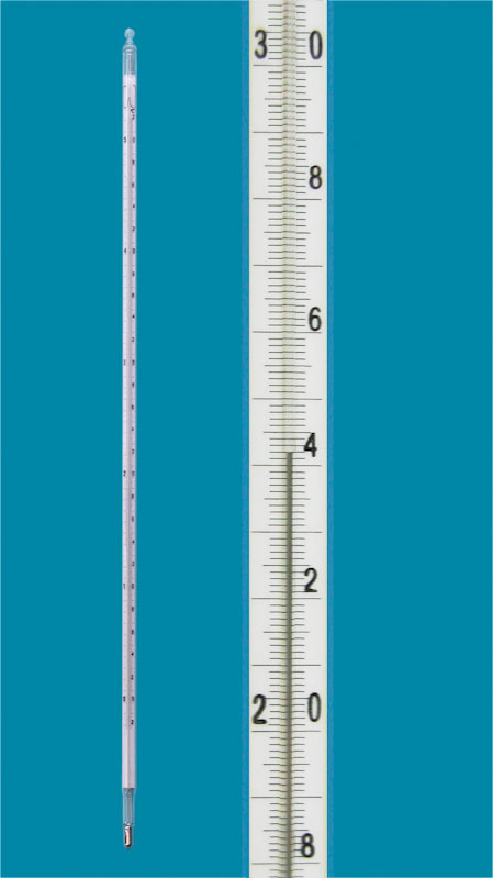 Precision thermometer, enclosed scale, filling red liquid. Measuring range (°C): - 5 to + 100. Length (mm): 300. Division (°C): 0,2