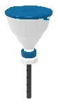 White funnel 'ARNOLD' with ball-valve and lid, V2.0, PE-HD, with lance (220 mm), splash guard and removable sieve, funnel Ø 200 mm. Thread size: S70/71. SCAT®. Safety funnels with ball valve