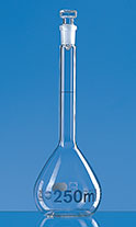 Volumetric flasks, class A, glass stopper, serial num. and conformity certified