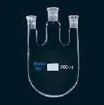 Flasks, ground sockets, round bottom, two necks, parallel central and side necks