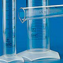 Blue graduated measuring cylinders, tall form, PMP. B Class
