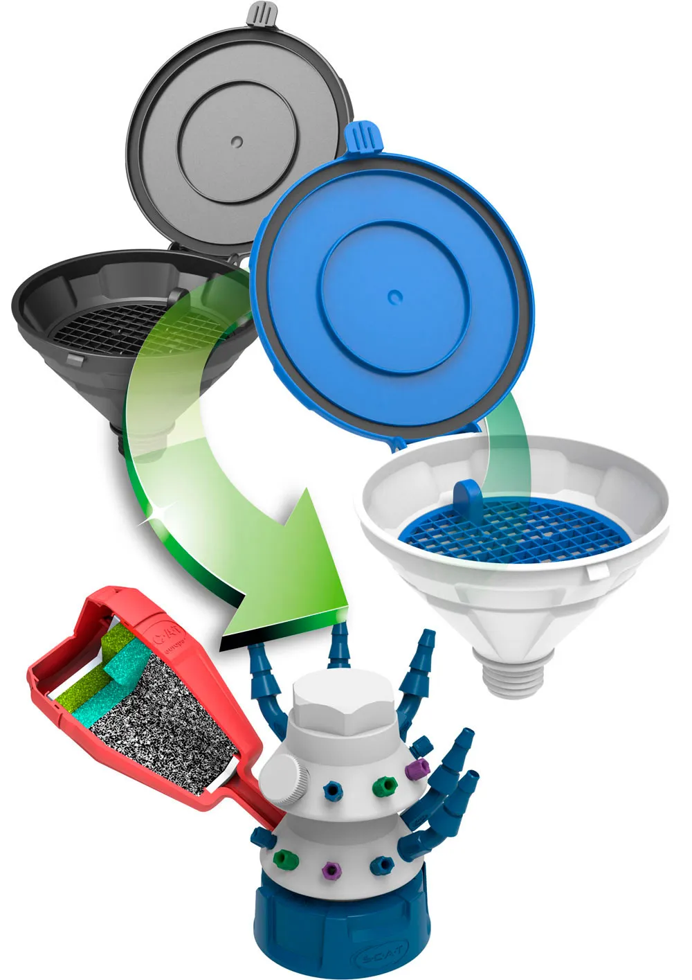 WASTE CONTAINERS, SAFETY FUNNELS AND CAPS
