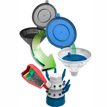 Funnels and safety caps with Scat exhaust filter for waste containers