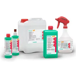 Disinfectants in different containers for the hygiene of equipment and surfaces in the laboratory