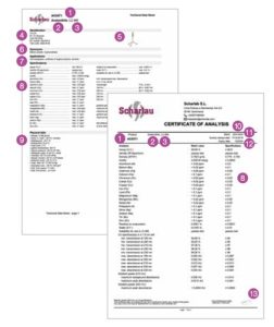Immagine tecnica numerata dall'1 al 13 che identifica i dati di una Scheda Tecnica (TDS) e di un Certificato di Analisi (CoA) di Scharlab: dal numero di catalogo alla firma del controllo qualità.