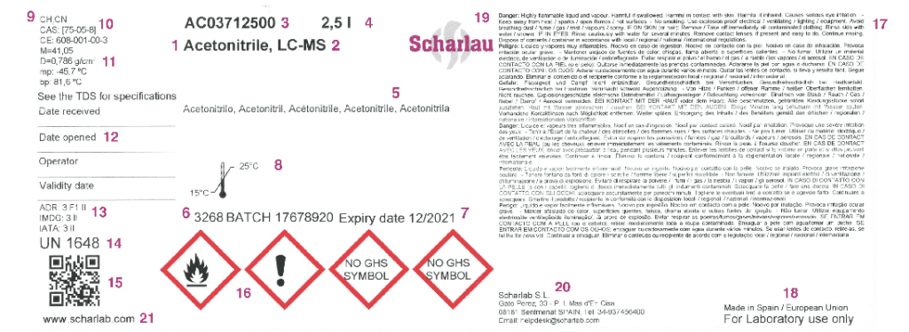 Etiqueta de productos químicos Scharlau con todos los ítems y su significado