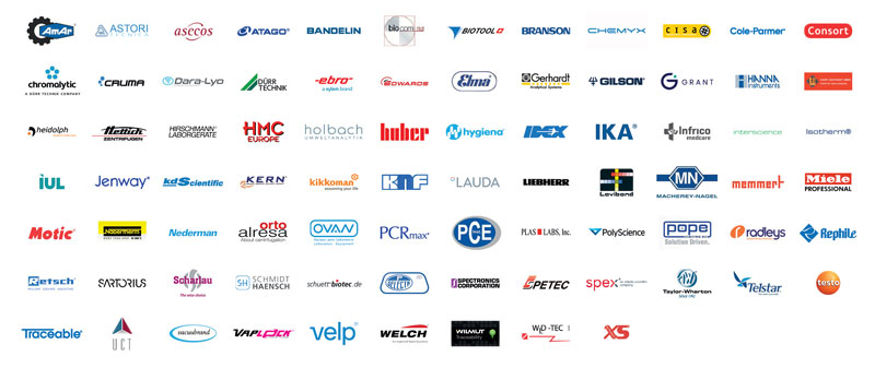 Logos de marcas líderes en instrumentación de laboratorio Scharlab: Radleys, Gerhardt, Cole-Parmer, Sartorius, Memmert, Gilson, Schmidt-Haensch y más.