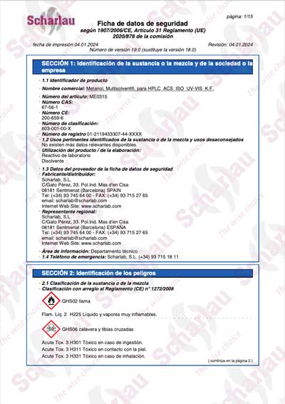 Ficha de Datos de Seguridad (SDS) de Scharlab conforme al Reglamento REACH.