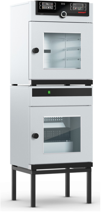 Estufa de secado al vacío Memmert con dos cámaras y control digital de presión para laboratorio.