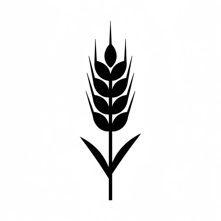 Gráfico minimalista de una espiga de trigo negra sobre fondo blanco, símbolo de cereales y agricultua.