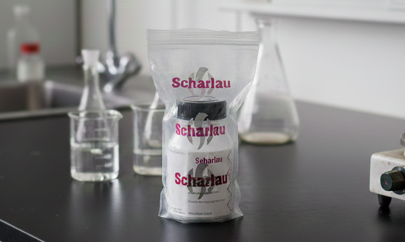 Envase de reactivo Scharlau en bolsa de plástico 100% reciclado para la sostenibilidad en el laboratorio.