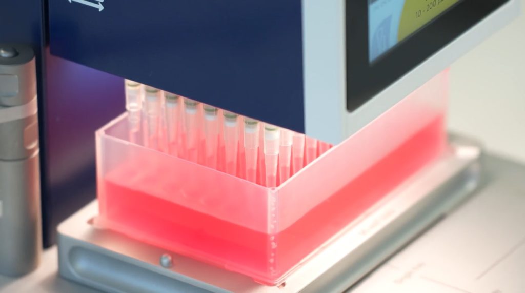 Pipeteo automatizado con PIPETMAN® M96 dispensando reactivos en microplaca ELISA para optimizar el flujo de trabajo